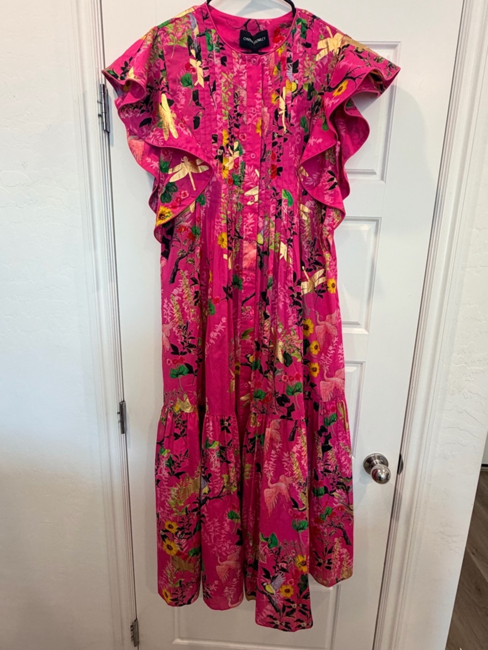 Cynthia Rowley Hot Pink Floral Ruffle Midi Dress LARGE